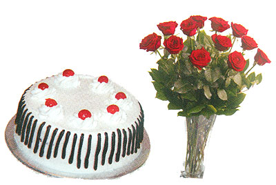 Send Valentines Day Gift 2lbs Black Forest Cake with 12 Red Roses Bouquet on Valentines Day  to Pakistan